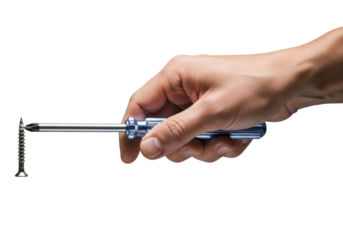 Strong adult hand gripping Phillips screwdriver, tightening wood screw, isolated on transparent background, soft lighting, extreme close-up, sharp focus, concept of precision craftsmanship