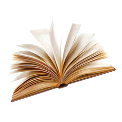 Old open book with aged yellowed pages fluttering in the wind isolated on transparent background