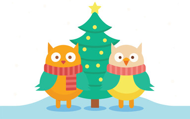 Two cute cartoon owls wearing scarves next to a christmas tree in the snow