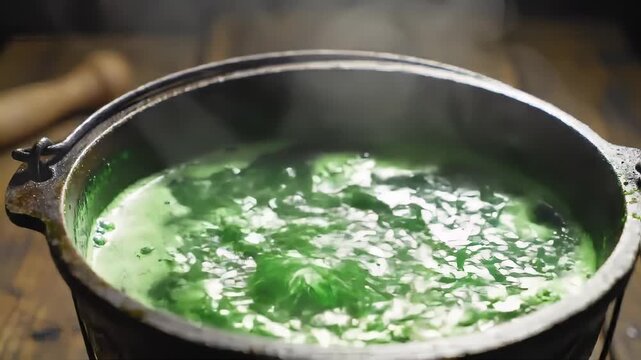 Boiling green potion in cauldron. Steam rising. Wooden table. Ideal for occult, witches concepts