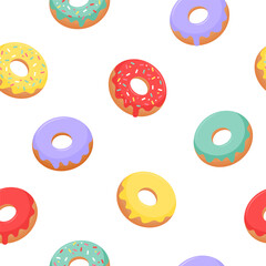 Set of six colorful glazed donuts with sprinkles on white background. Tasty dessert icons in cartoon style for bakery, food design, or sweet menu decoration.