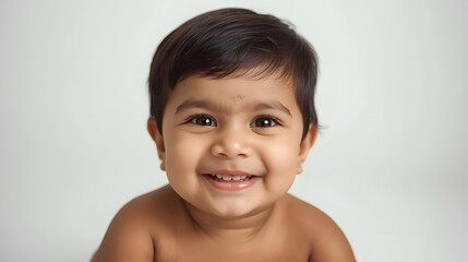 Joyful Baby: A heartwarming studio portrait of a cheerful baby, radiating pure happiness, with a captivating smile and expressive eyes, is the essence of innocence and joy.
