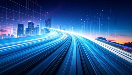Blue light trails streak toward a city skyline, interwoven with digital data streams, under a starry night sky
