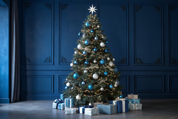 Festive Adornment: A beautifully decorated Christmas tree, adorned with glittering ornaments and twinkling lights, stands regally in a sophisticated interior.