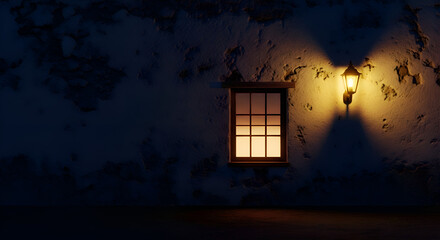 A window glows warmly in the night, casting a soft light on the weathered wall beside a vintage lamp