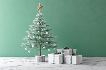 Festive Gift: An elegant Christmas tree adorned with classic decorations and topped with a golden star. Beneath it.