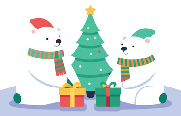 Two polar bears celebrate christmas with gifts and a tree