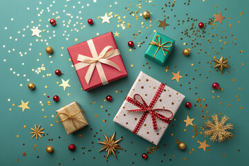 Gifts in Festive Elegance: A vibrant tableau of meticulously wrapped presents, adorned with ribbons, sparkles, and celestial accents, creating a captivating visual narrative.