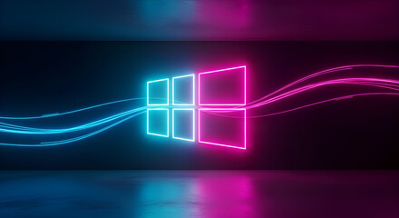 Neon windows logo with light trails in a dark room, creating a futuristic and modern atmosphere