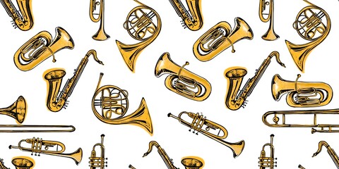 seamless pattern Of trumpet gold saxophone Musical Instruments Wind Instruments jazz Sketch line art isolated hand drawn  © 7nov.studio
