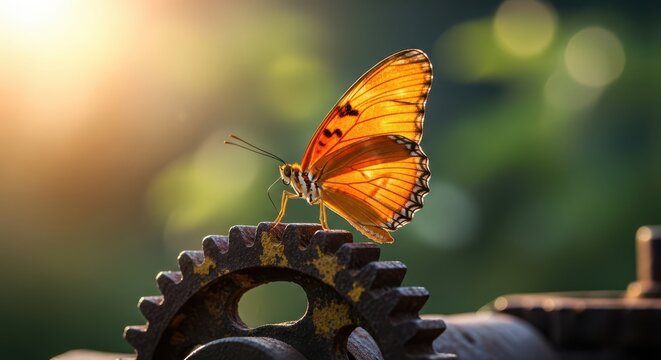 Orange butterfly resting on a rusty gear in soft sunlight