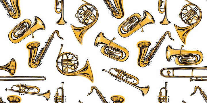 seamless pattern Of trumpet gold saxophone Musical Instruments Wind Instruments jazz Sketch line art isolated hand drawn 