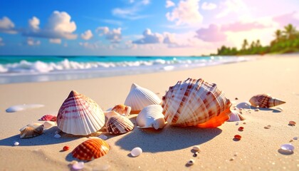 Colorful seashells rest on a sunny beach, sparkling with a vibrant display of ocean and sky.