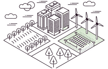 Sustainable urban layout with green parks, roads and modern city blocks illustration