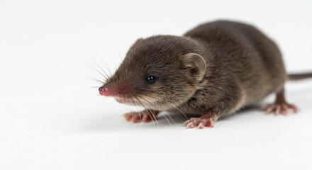 Musara�a peque�a mira atentamente luz suave fondo blanco. AI Generated