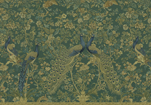 Elegant peacocks amidst lush floral patterns, a vintage wallpaper design evoking timeless sophistication