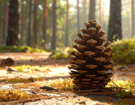 Autumnal pine cone in a sunlit forest floor