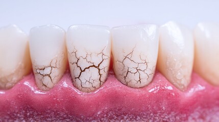 Fototapeta premium Cracked enamel: Close-up of dental issues revealing surface cracks on teeth. Visible gumline shows the proximity of the problem. Potential dental health concern.