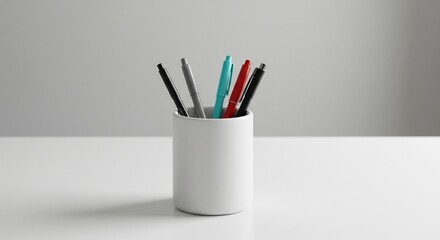 Bol�grafos coloridos descansan elegantemente en portaplumas blanco sobre mesa limpia luz suave. AI Generated