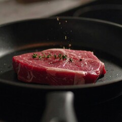 Raw steak in a pan