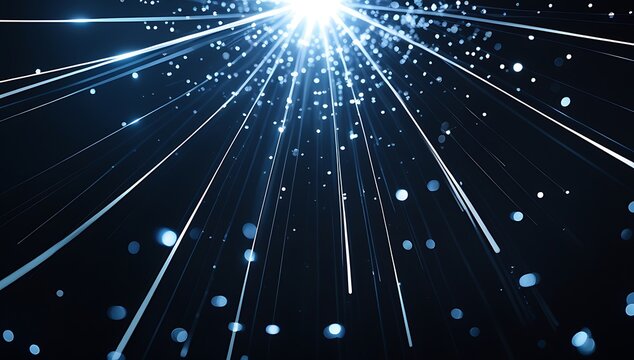 Abstract blue light streaks and particles moving upwards on black background