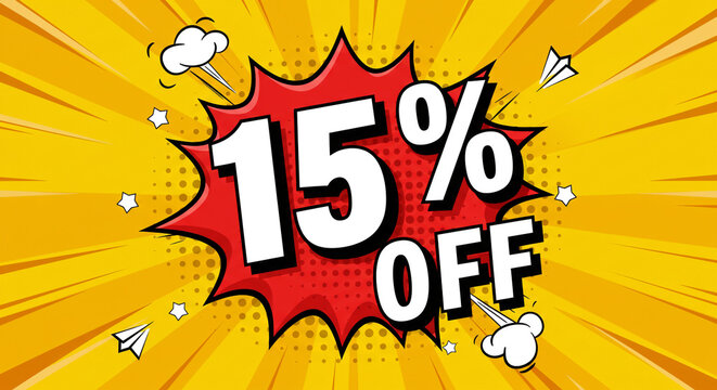 Fifteen percent off sale promotion in comic style on yellow background
