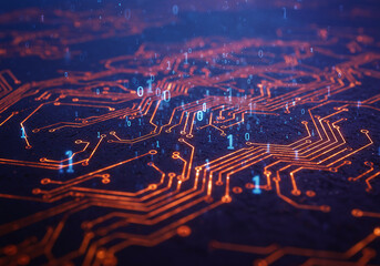 Digital circuit board design with binary code overlay creates a modern technology background illustration