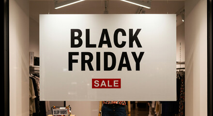 Black friday sale sign on a shop window with clothes in background
