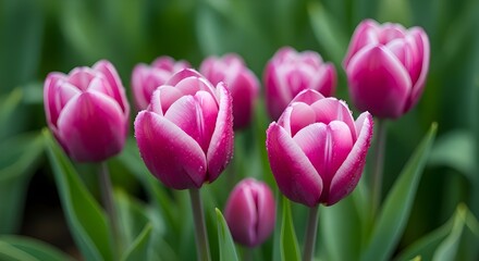Fototapeta premium Vibrant Pink Tulips with Water Droplets in a Green Garden