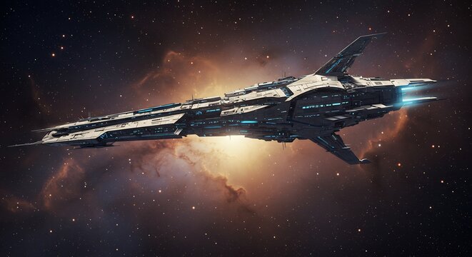 Nave espacial futurista brilla intensamente en nebulosa oscura Iluminacion dramatica realza detalles tecnologicos. AI Generated