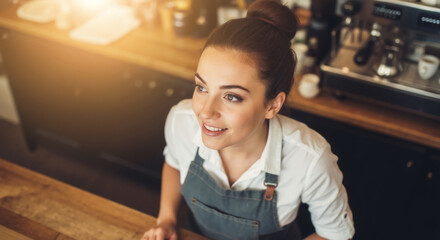 Happy young female barista looking up with a smile in a coffee shop. High angle portrait of a friendly cafe employee.