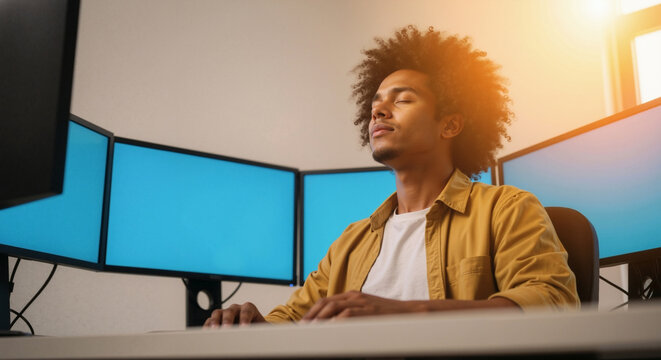 Relaxed black male programmer with eyes closed in front of multiple monitors. African American developer taking a mindful break from coding.