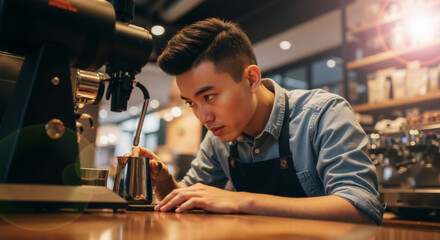 Focused Asian male barista steaming milk for a latte. Young man concentrating on making coffee in a modern cafe.