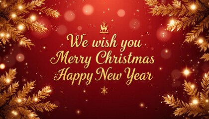 gold christmas and new year typography on red festive background with winter snowflakes stars lights holiday card vector illustration