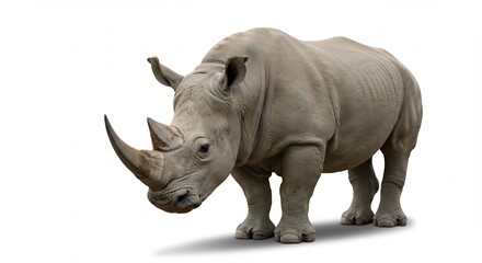 Fototapeta premium Rinoceronte blanco imponente sobre fondo blanco luz natural. AI Generated