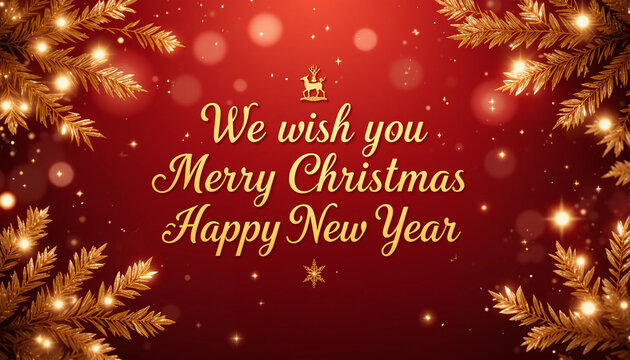 gold christmas and new year typography on red festive background with winter snowflakes stars lights holiday card vector illustration