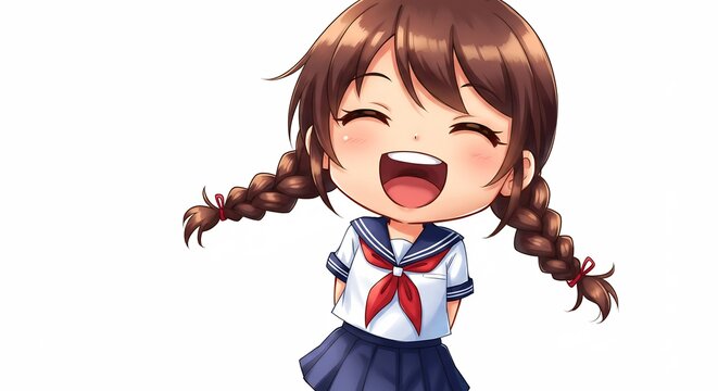 Ni�a alegre estilo chibi sonr�e radiante luz suave. AI Generated