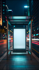Empty bus stop billboard at night with city lights