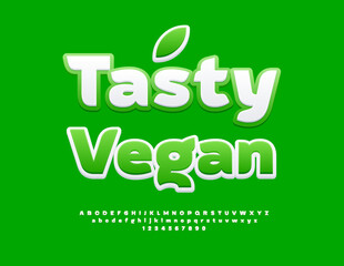 Vector Fresh sticker Tasty Vegan. Beautiful White and Green Font. Decorative Alphabet Letters and Numbers set.