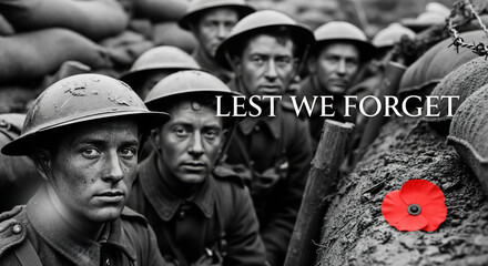 Obraz premium Lest We Forget. Soldiers in a trench with a red poppy. A historic World War I photo with red selective color.