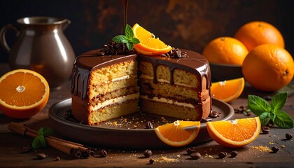 Chocolate orange cake delight with sliced orange and coffee beans
