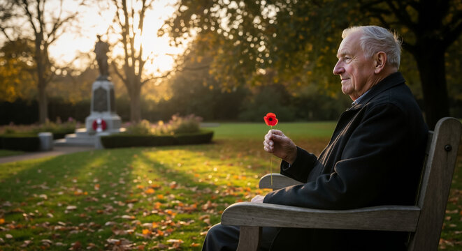 Elderly veteran sitting on a park bench with a poppy. Senior man remembering the fallen at a war memorial during autumn. Remembrance Day, Poppy Day, Veterans Day, Memorial Day