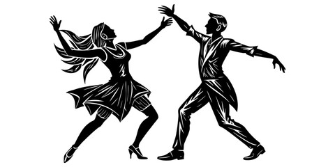 Silhouette of elegant couple dancing in vintage style with dynamic poses