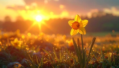 A single daffodil in a field bathed in sunrise © Telo