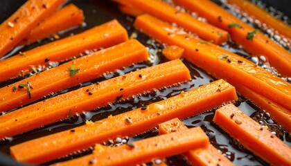 Crispy carrot sticks are being seared in hot oil, seasoned with herbs and spices.