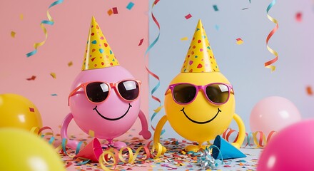 Cheerful balloons wearing party hats and sunglasses celebrate amidst confetti and balloons.