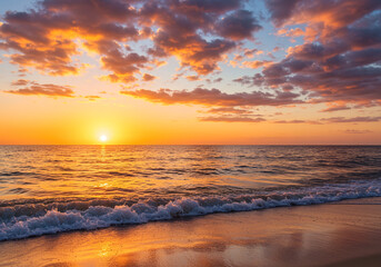 Obraz premium Golden sunset paints the ocean with fiery clouds and gentle waves lapping the shore