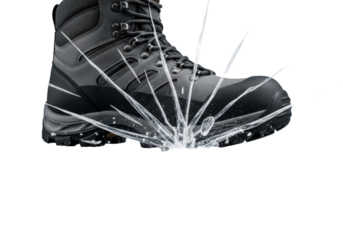 Human foot in dark gray hiking boot with distinct tread, depressing and fracturing thin ice sheet with spiderweb cracks, on transparent studio background. Concept of force meeting delicate fragility