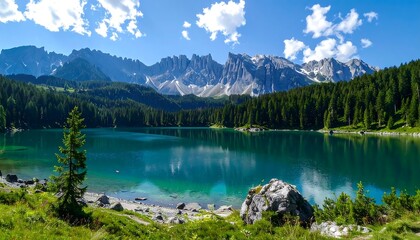 Azure lake mirrors dramatic mountain range under a partly cloudy sky, surrounded by dense evergreen forests and lush greenery