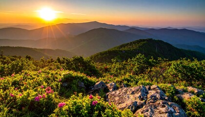 A breathtaking vista of mountain peaks bathed in the warm glow of a sunrise, with vibrant wildflowers and lush greenery adorning the summit.